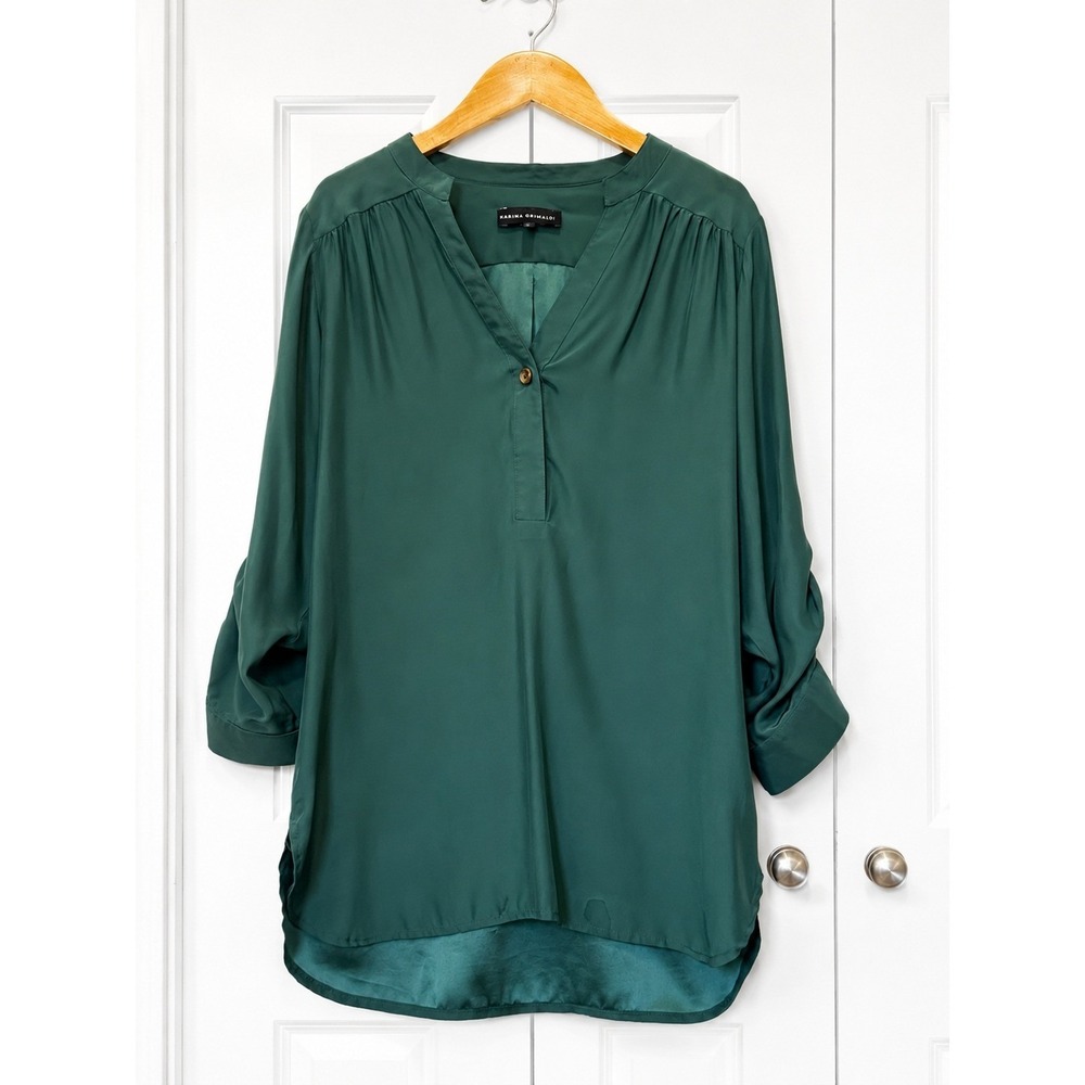 Karina Grimaldi Emerald 100%Silk Blouse Quiet Luxury Career Top Small